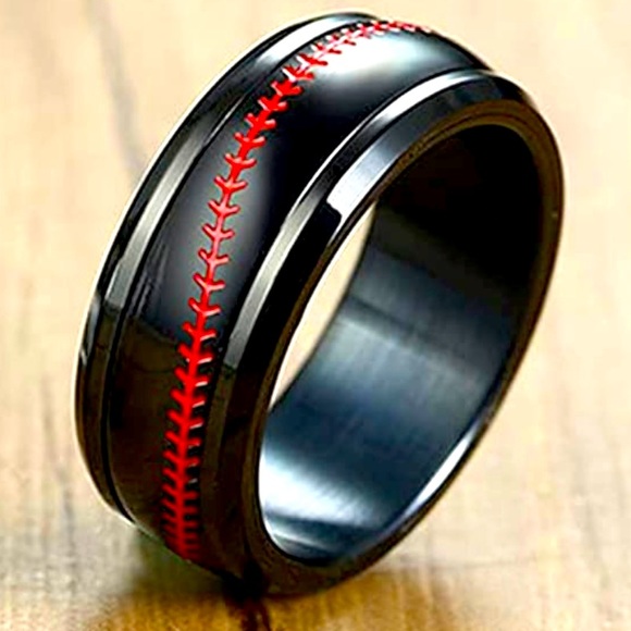 Stainless Steel Baseball Unisex Black & Red Fidget Spinner Ring Size 10 - Picture 5 of 13